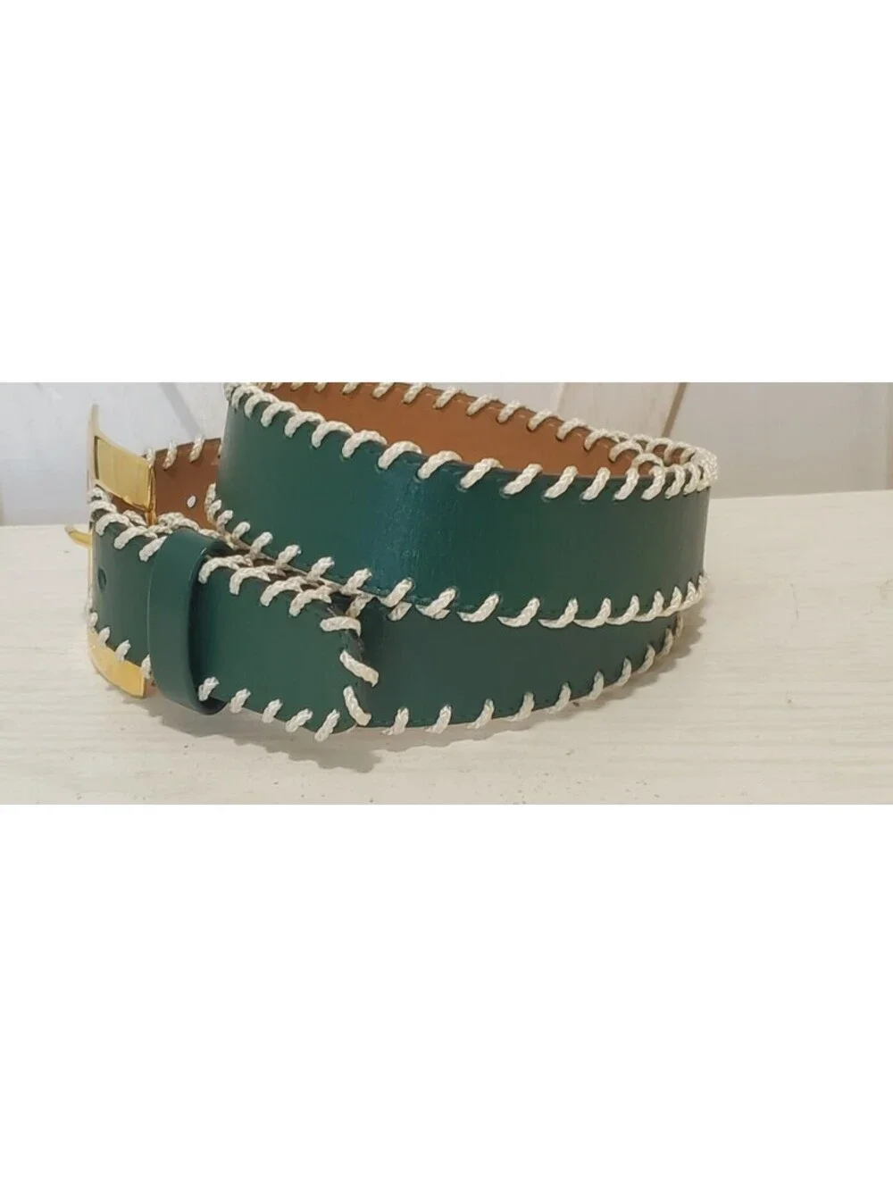 LOUIS FERAUD Green Leather Belt Beige Whipstitch Paris France Golden Buckle